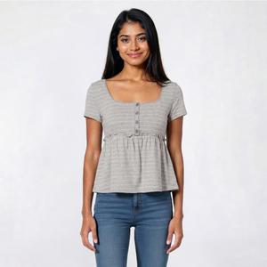 Juniors Pink Rose Short Sleeve Square Neck Peplum Top